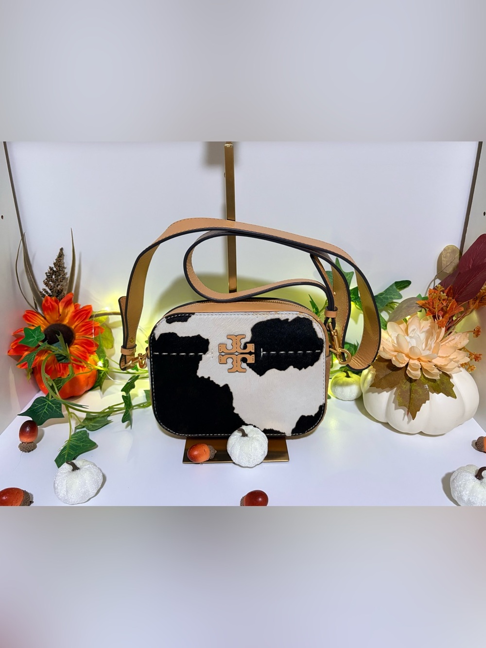 Tory Burch Black, White, & Brown Cowhide Camera Crossbody with Tan Trim